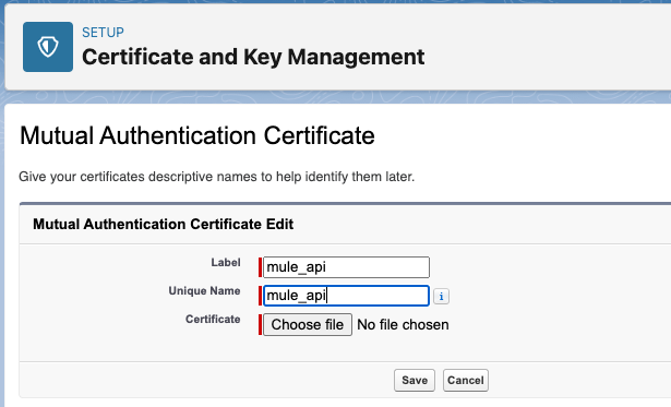 Provide a Label, Unique Name, and Certificate