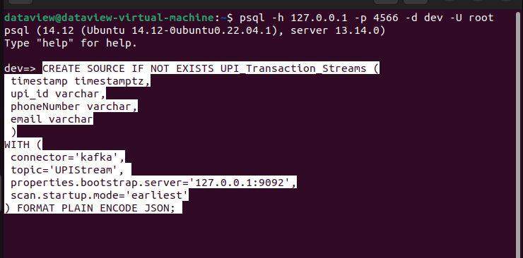 Connect the topic UPIStream on the psql terminal