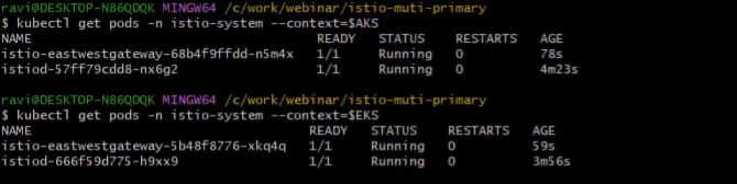 Verify if the installations are proper and check the pods in the istio-system namespace in each cluster