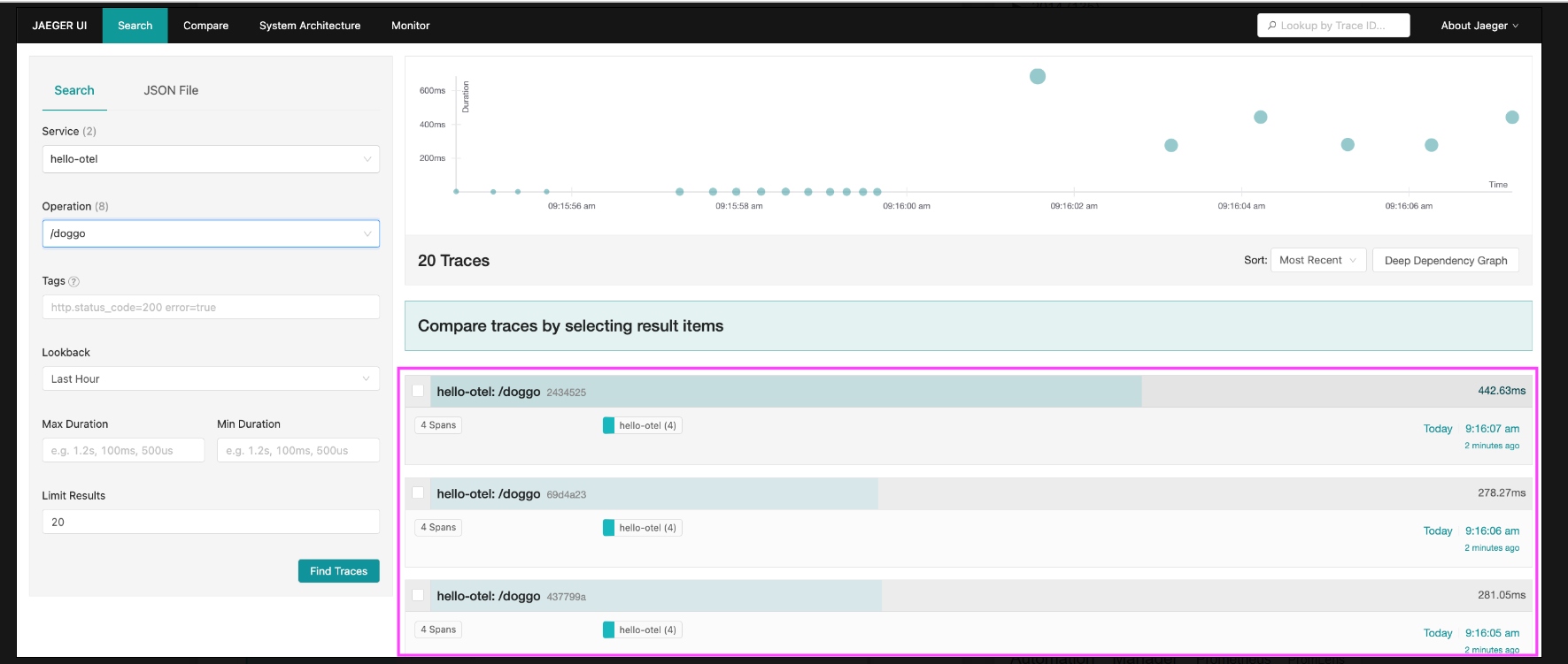 View showing selected traces to compare