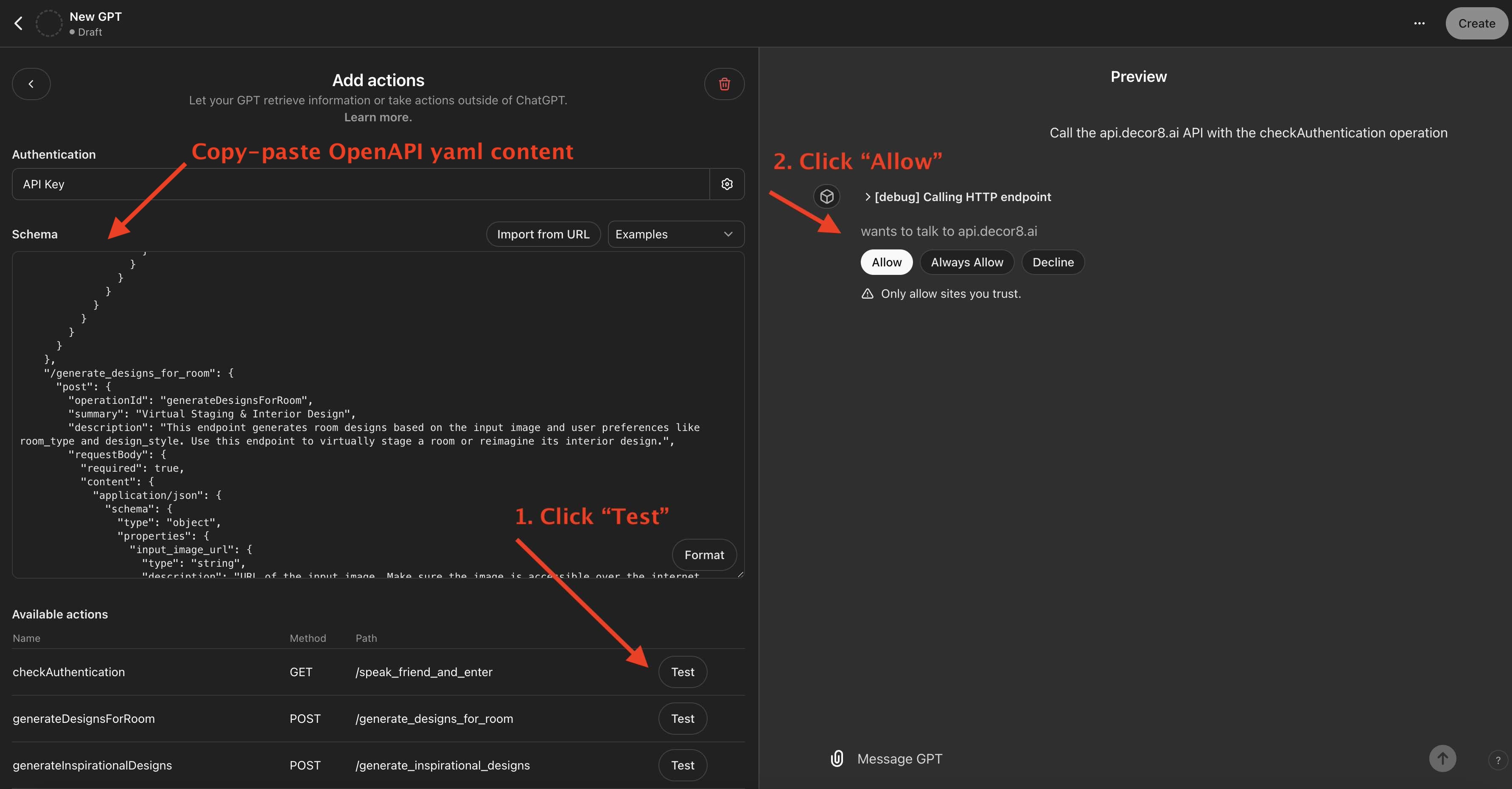 Copy-paste the OpenAPI spec's YAML file content under "Schema" text box