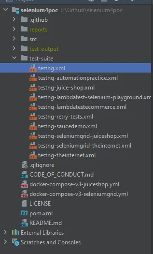 The default path to testng.xml is set for the file