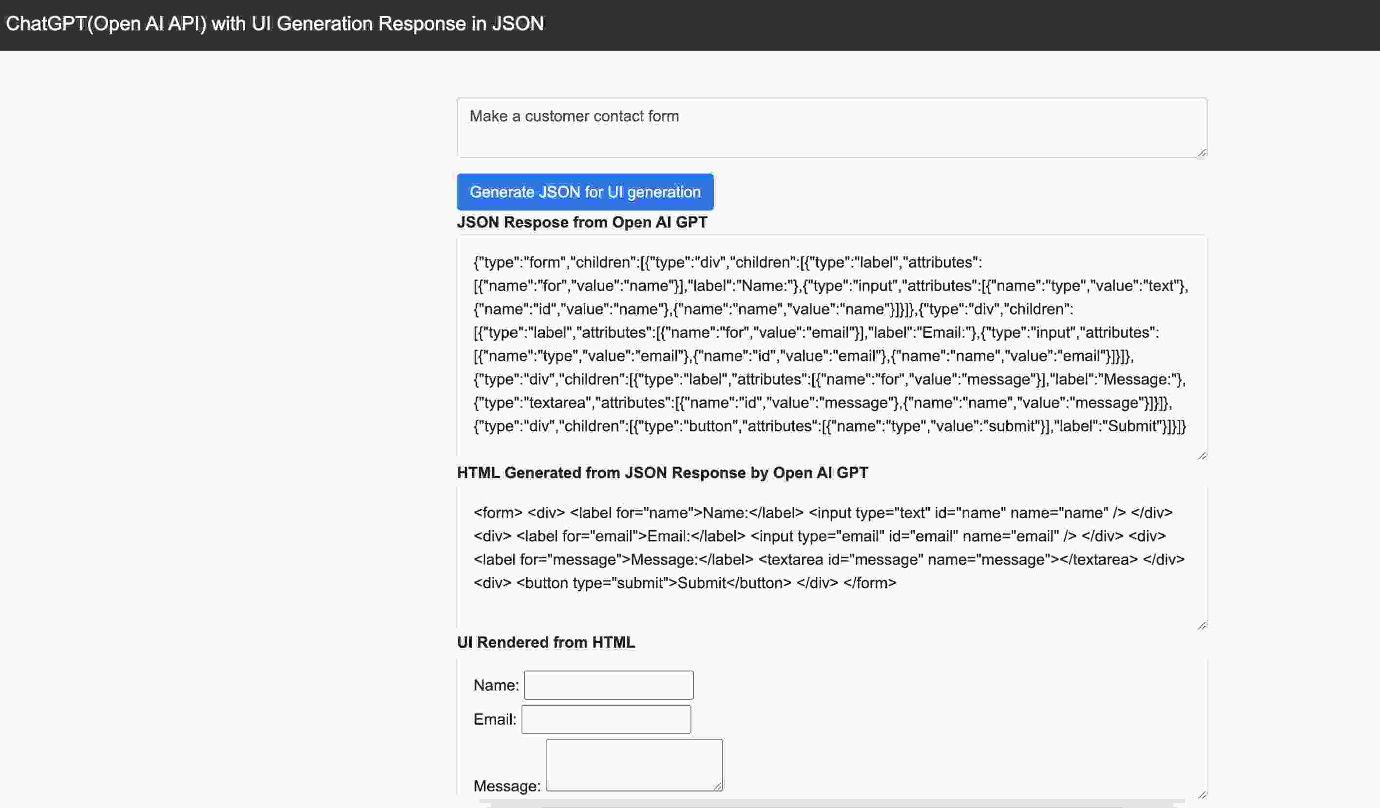 Customer Contact Form UI Generated JSON