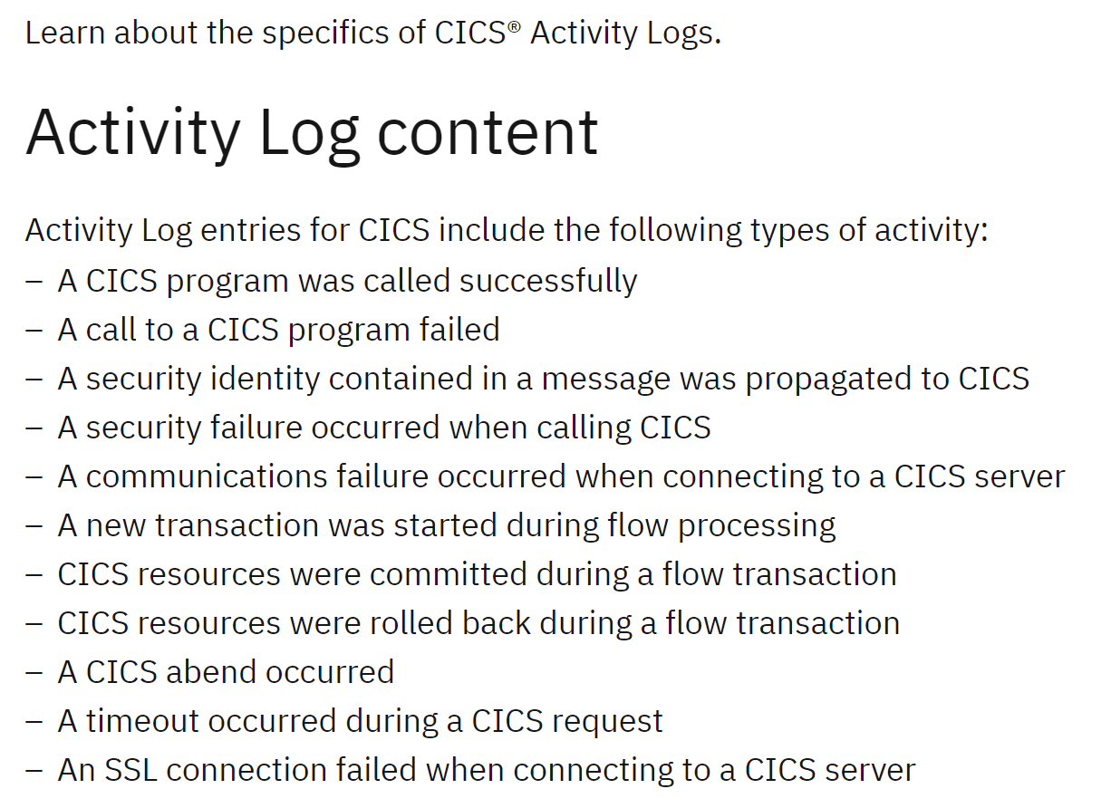 List of specifics of CICS Activity Logs