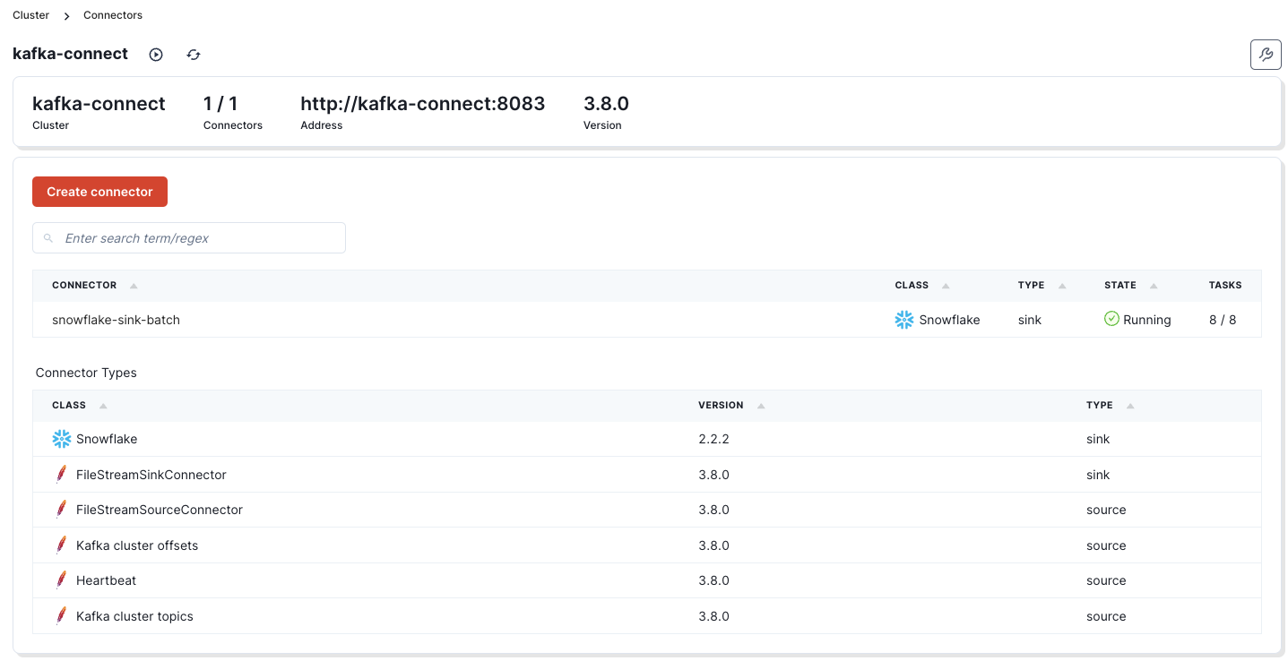Verify the connector in the Kafka Connect UI and in the Kafka Connect section of the Redpanda Console