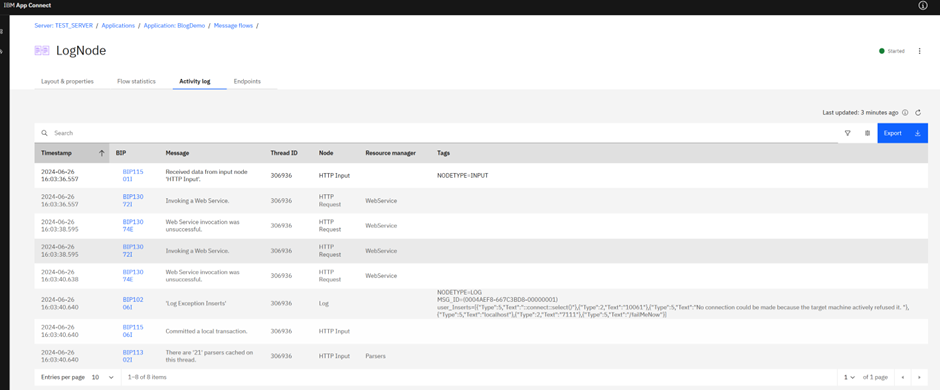 The activity log should display detailed information about the exceptions captured during the flow execution.