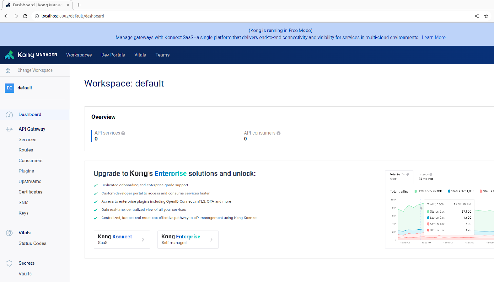 Kong manager and OPA are available on respective endpoints https://localhost:8002 and https://localhost:8181