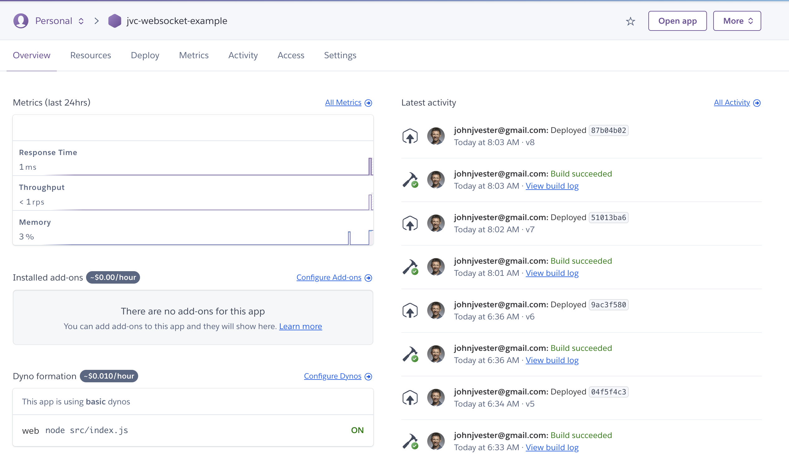 WebSocket client status in the Heroku Dashboard