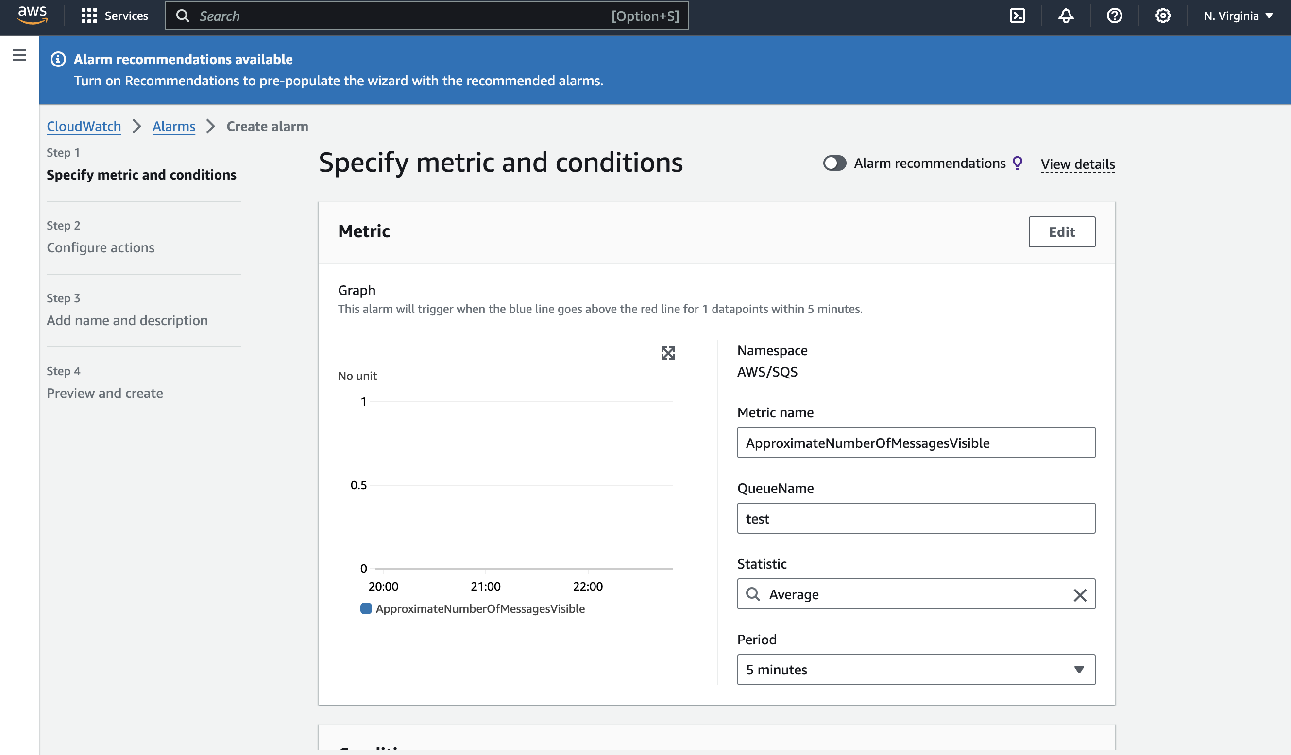 CloudWatch alarm creation page