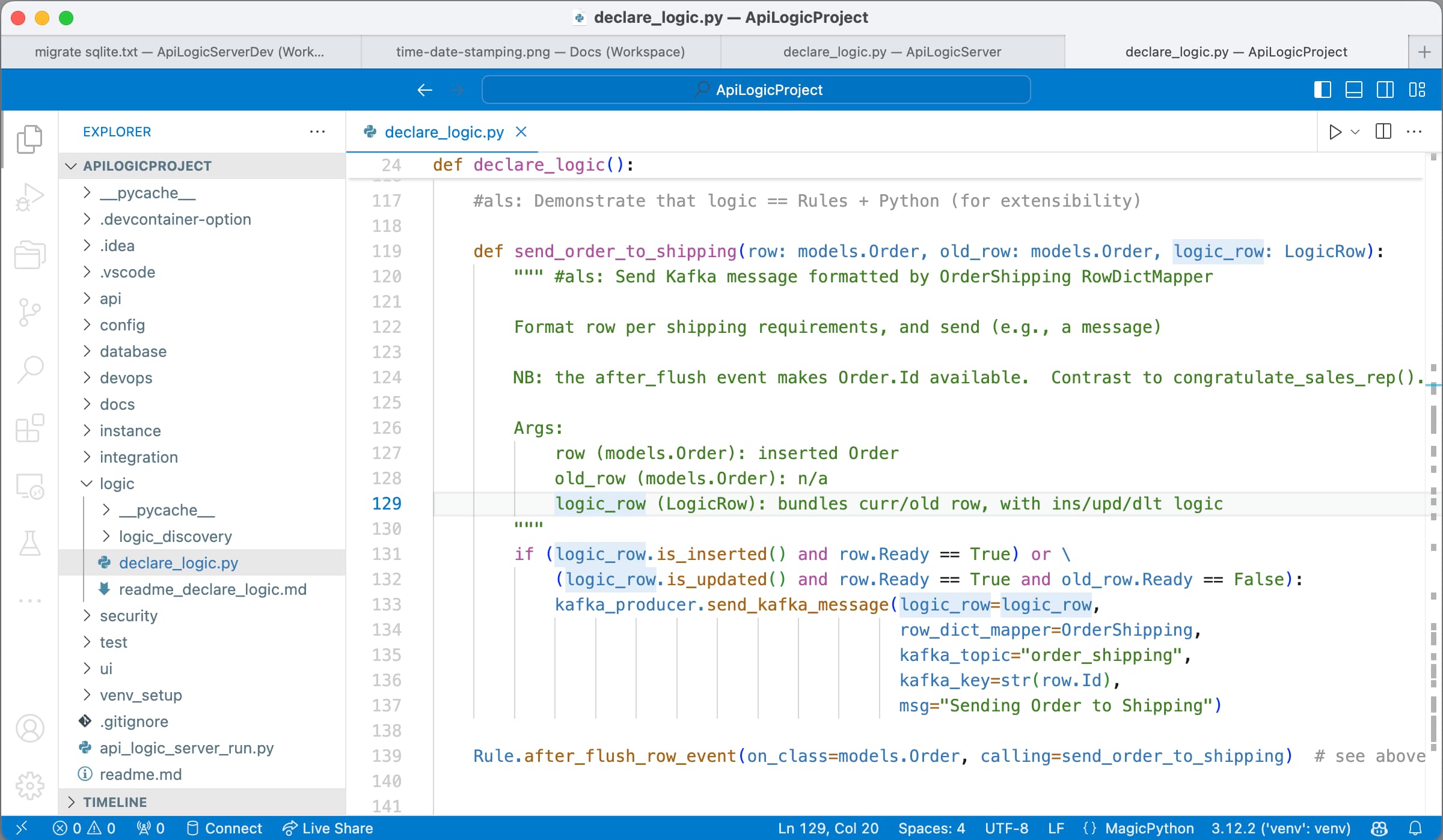 A screenshot of Python code to demonstrate how to add business logic to format and send Kafka messages.