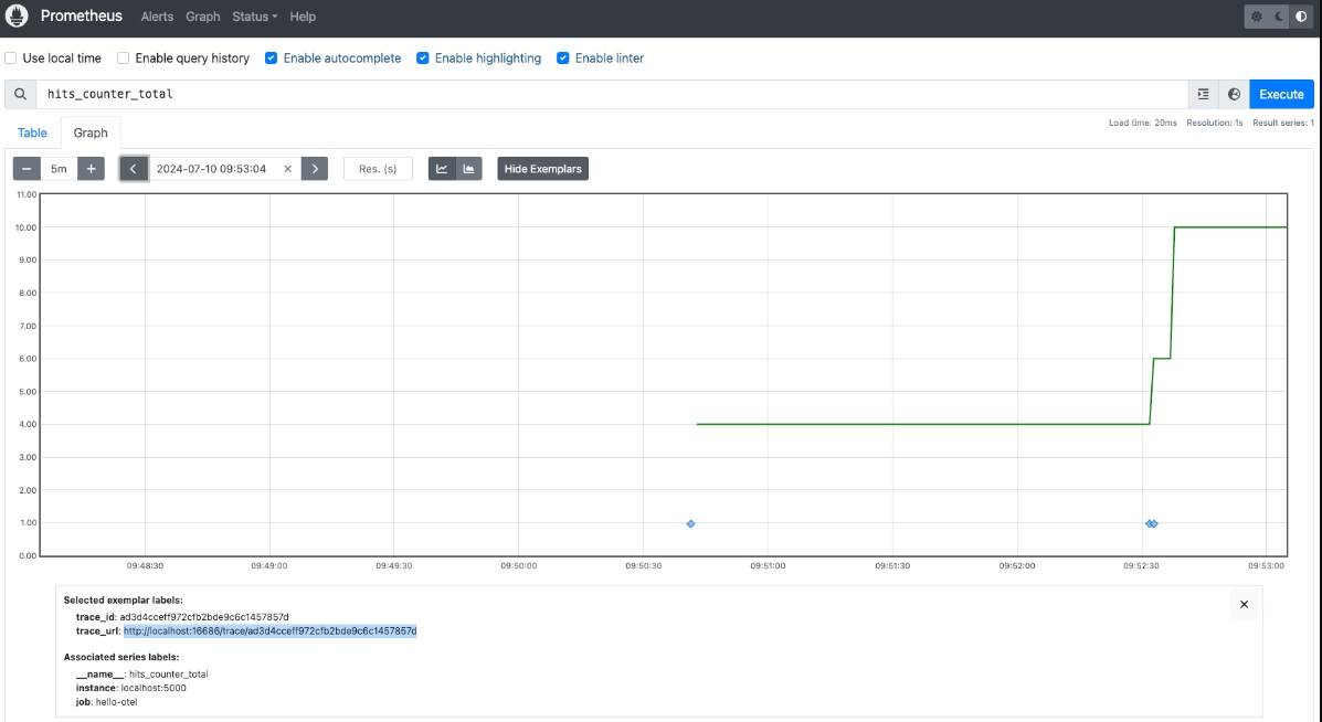 Click on one of the exemplars (any of the blue dots) on the chart and copy the trace_url into a new browser tab