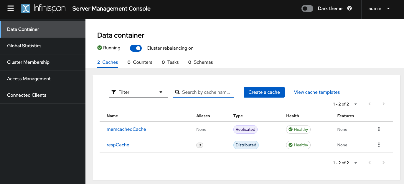 Infinispan Server Console in http://localhost:11222 (admin/password) credentials