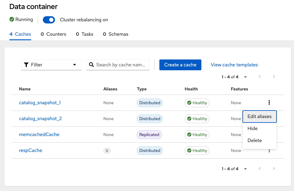From the list of caches, select the Edit aliases action