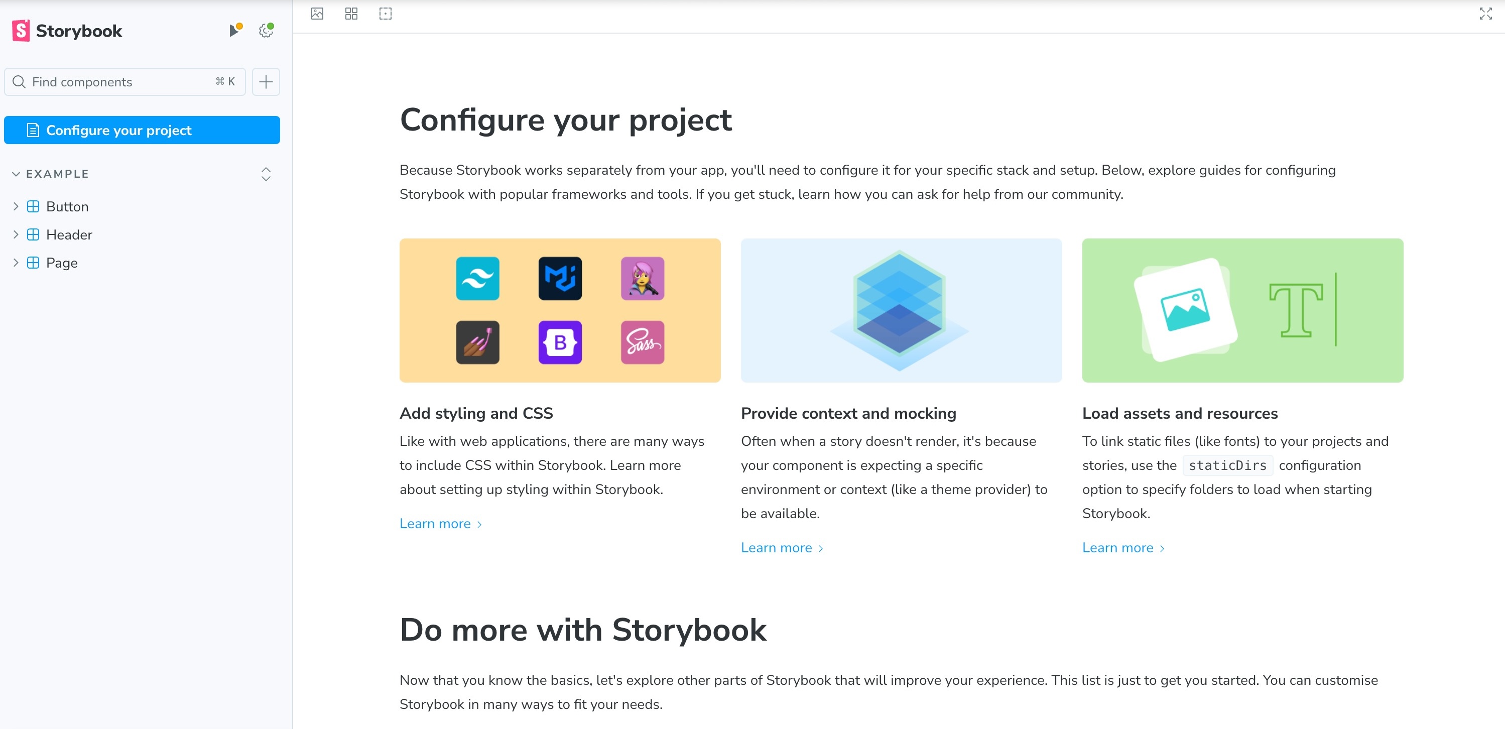 Default web browser view of Storybook