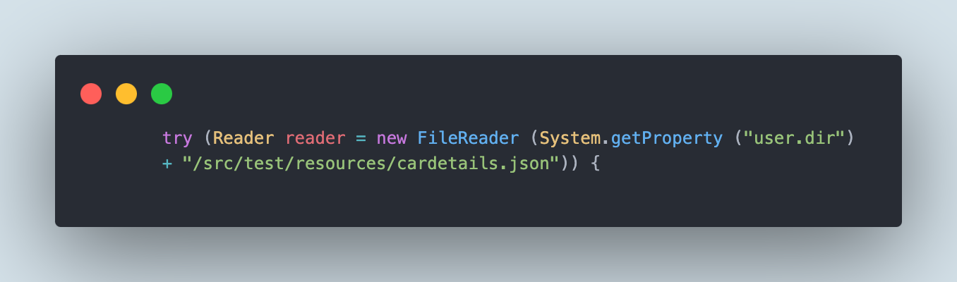 The System.getProperty(“user.dir”) will navigate to the working directory (i.e., the root folder of the project) and then using the path “src/test/resources/” we will be navigating to the actual file cardetails.json