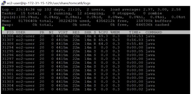 top -H -p <PROCESS_ID> command showing threads and their CPU consumption