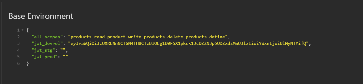 Creating two additional variables in the “Base Environment” dialog for jwt_stg and jwt_prd