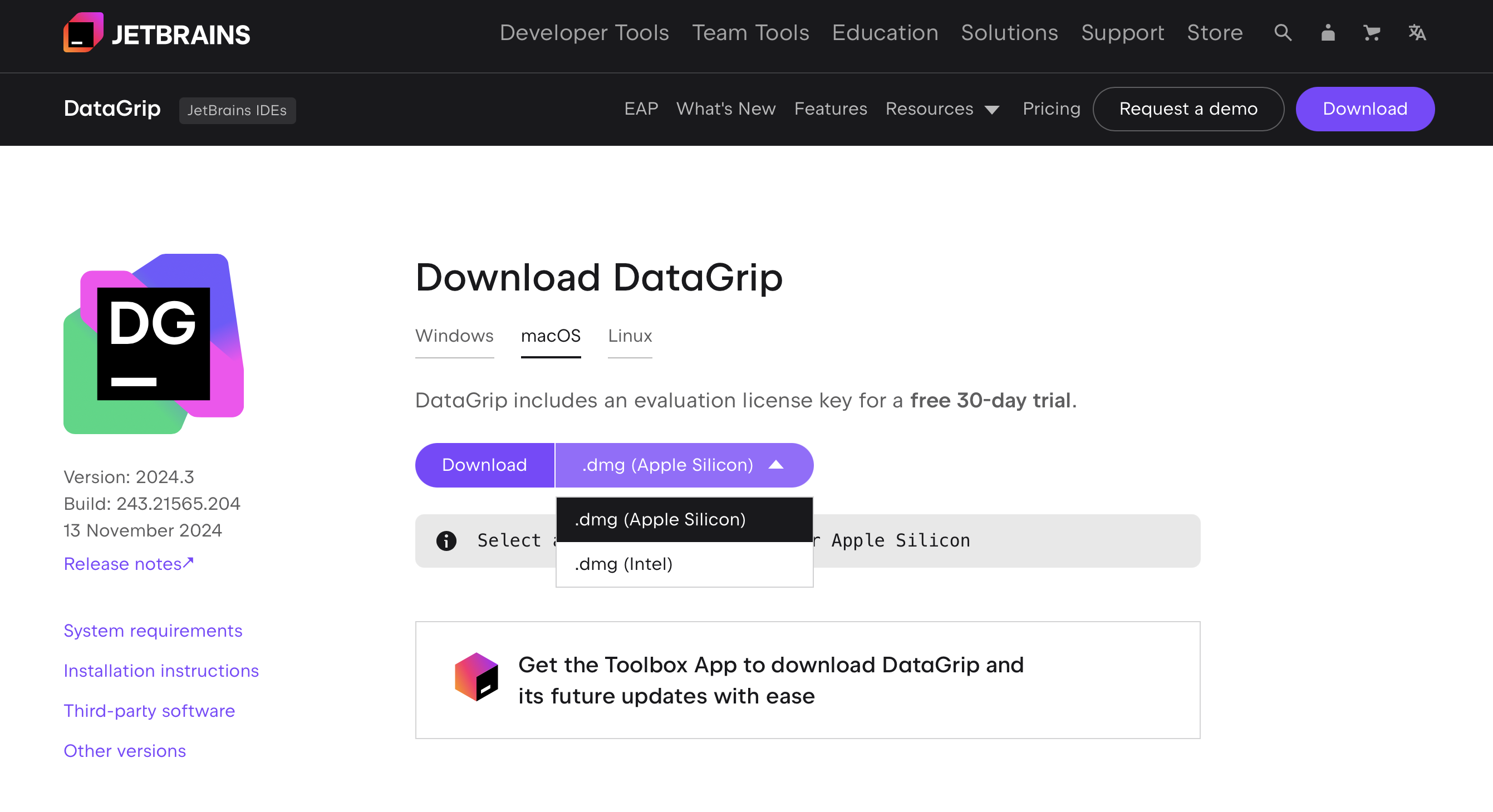 DataGrip Downloads page