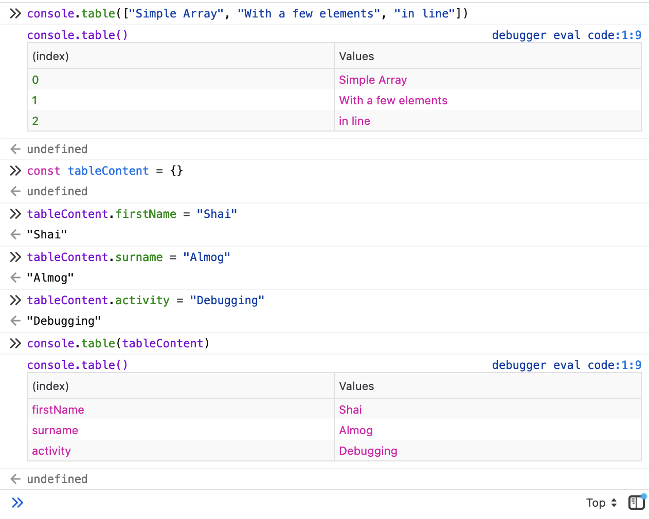Tabular view of arrays of objects