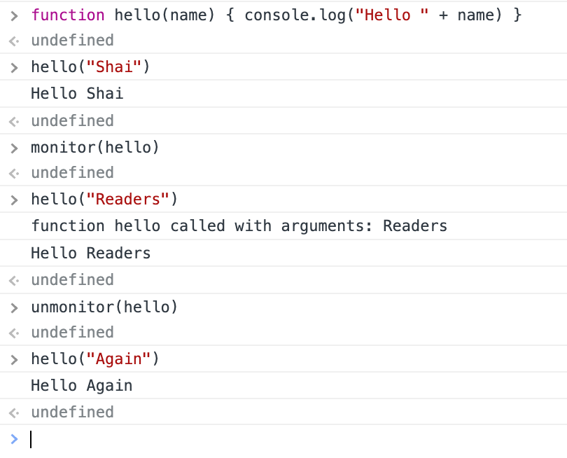Chrome’s monitor() method logs every call to a function