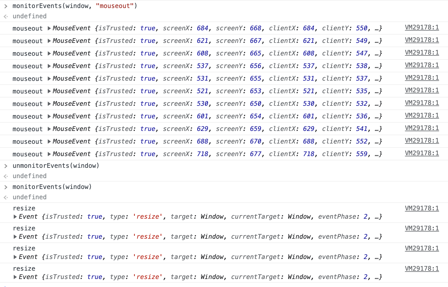 monitorEvents(window, 'mouseout') logs only mouseout events