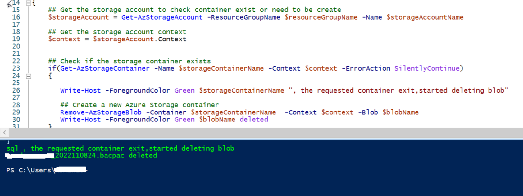 Output of the blob deletion from Azure Storage 