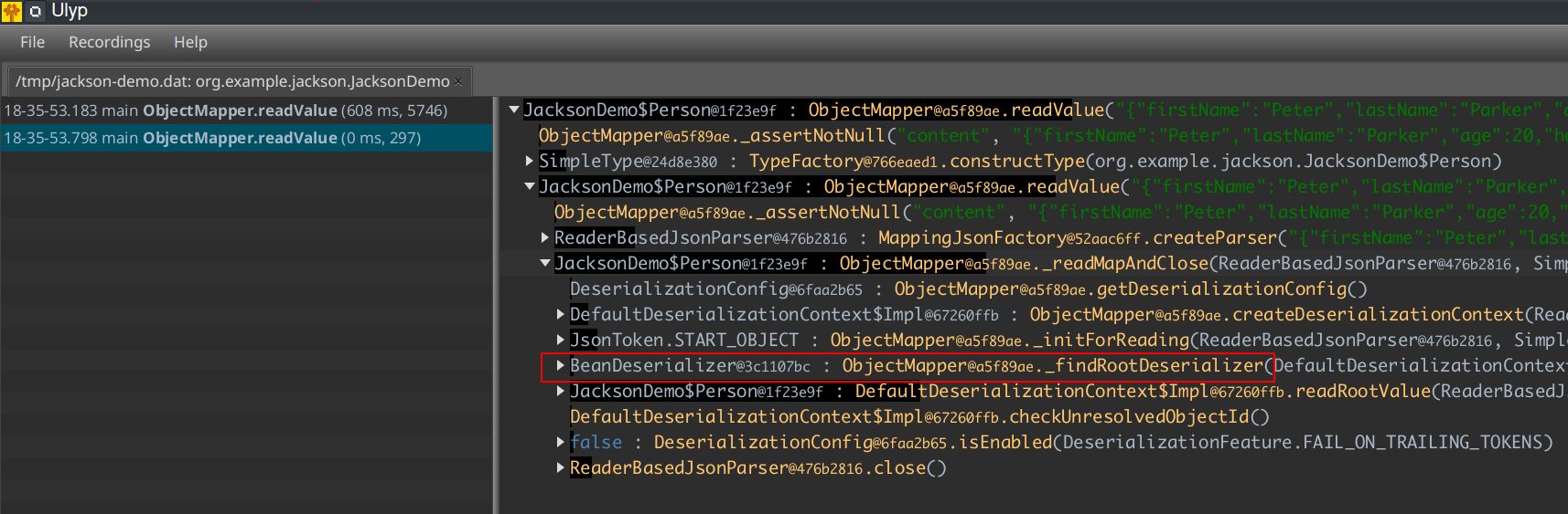 In the first call tree, _findRootDeserializer has a lot of nested calls, while in the second call tree, it doesn't