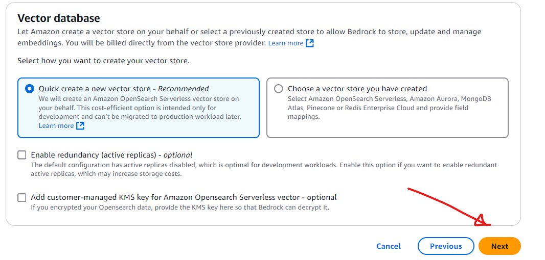 Choose the option Quick create a new vector store for the vector database
