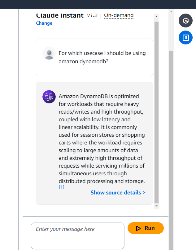 Enter your message or question in the input field and click the Run button.