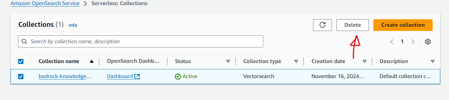 Open the OpenSearch console to delete the collections created.