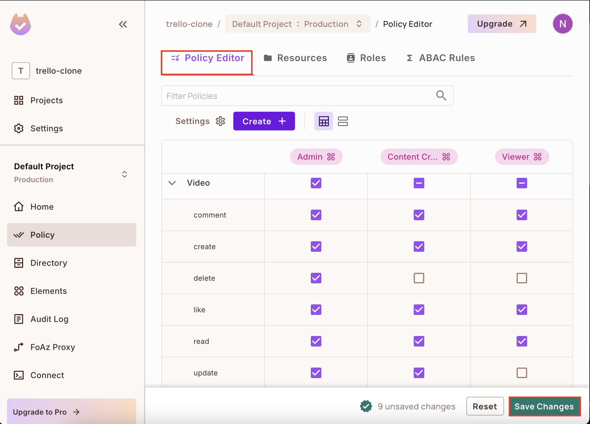 Navigate to the Policy Editor and grant each role access to the Video resource