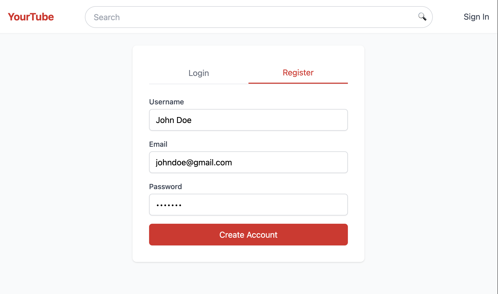 Register a new user named John Doe in the YouTube clone app