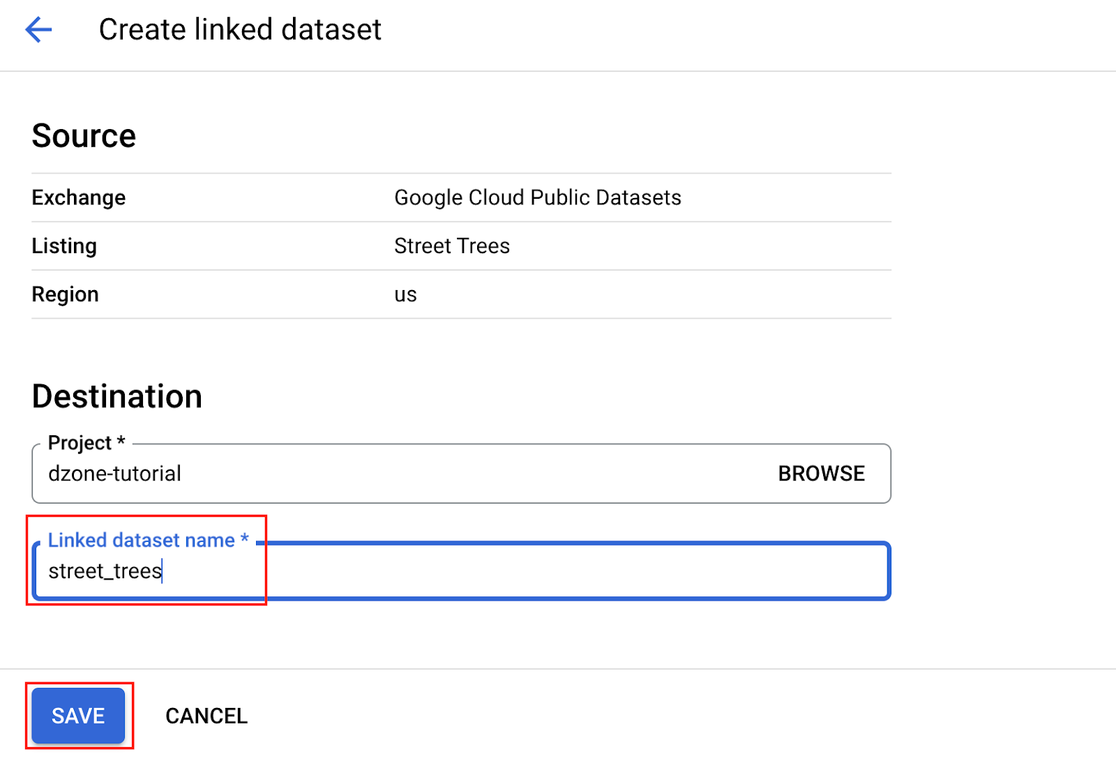 Provide the linked dataset name and click Save to continue