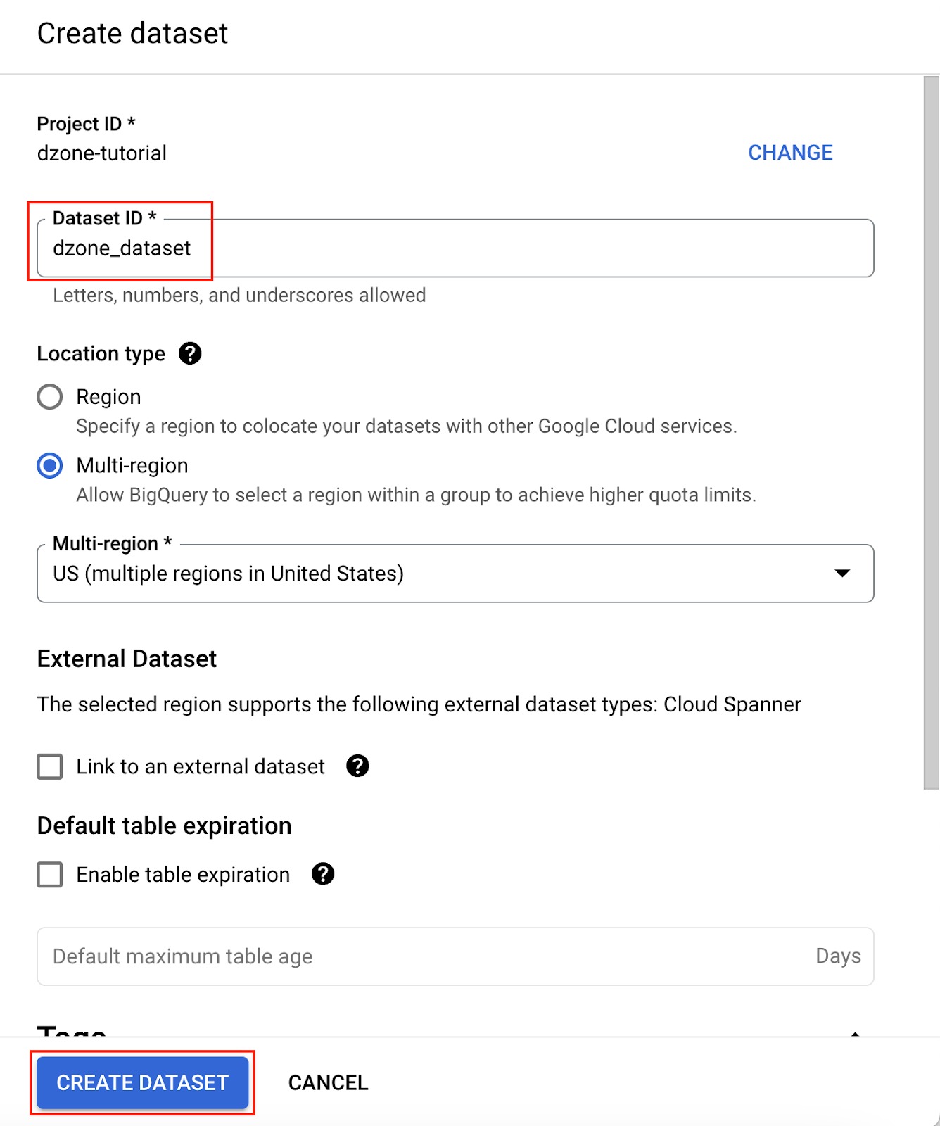 Specify the Dataset ID as dzone-dataset