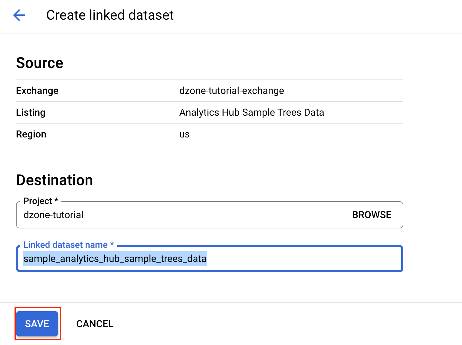 Specify the linked dataset name as sample_analytics_hub_sample_trees_data