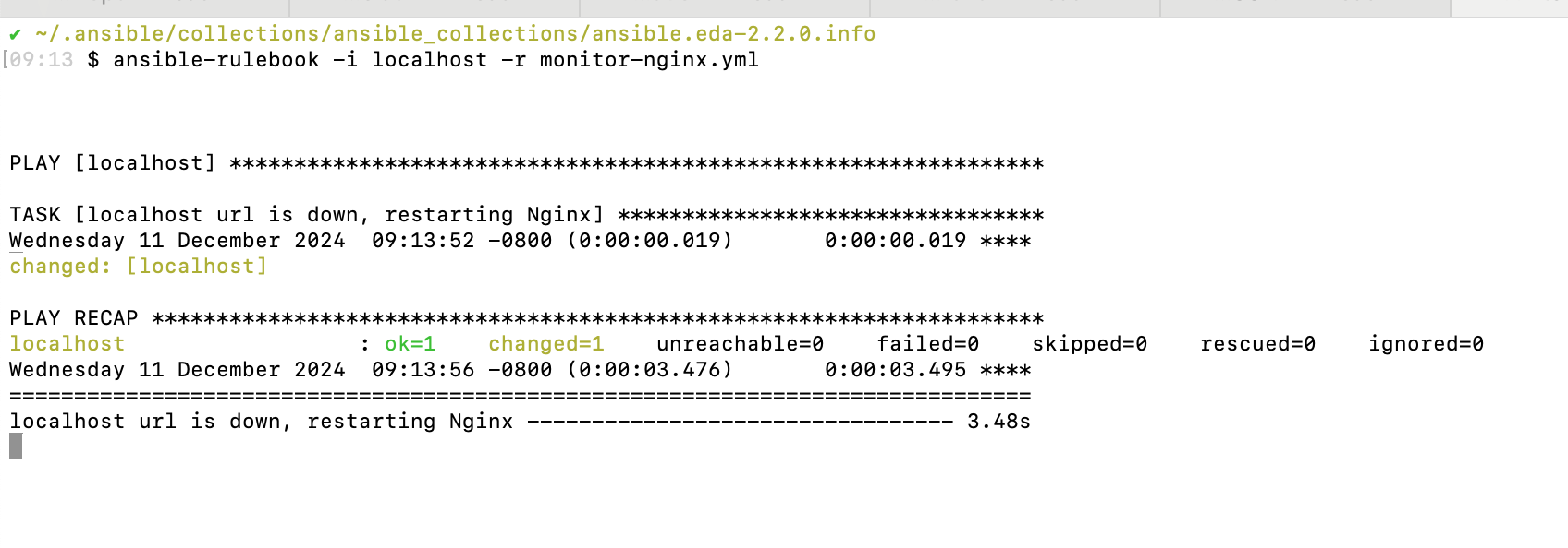 The rulebook will monitor the server every 30 seconds and trigger the Nginx restart task if the server becomes unreachable