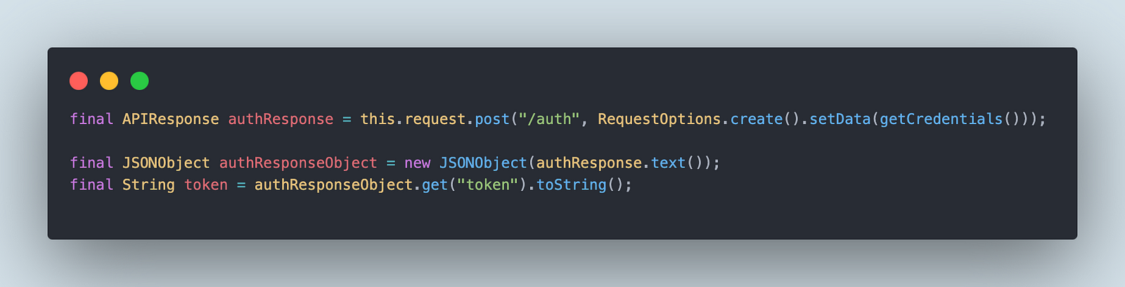 The response from the Authorization API will be stored in the authResponseObject variable that will further be used to extract the value from the “token” field available in response