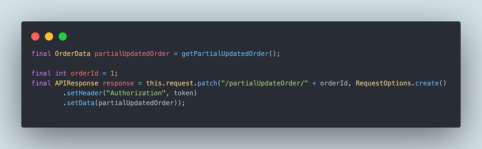 The request body required to be sent in the PATCH API will be generated and will be stored in the partialUpdateOrder object