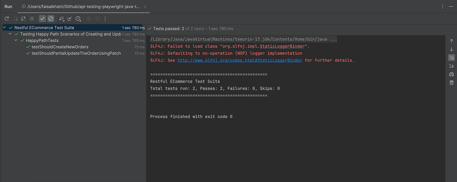 Test execution screenshot from IntelliJ IDE shows that the tests were executed successfully, and a partial update of the order was successful