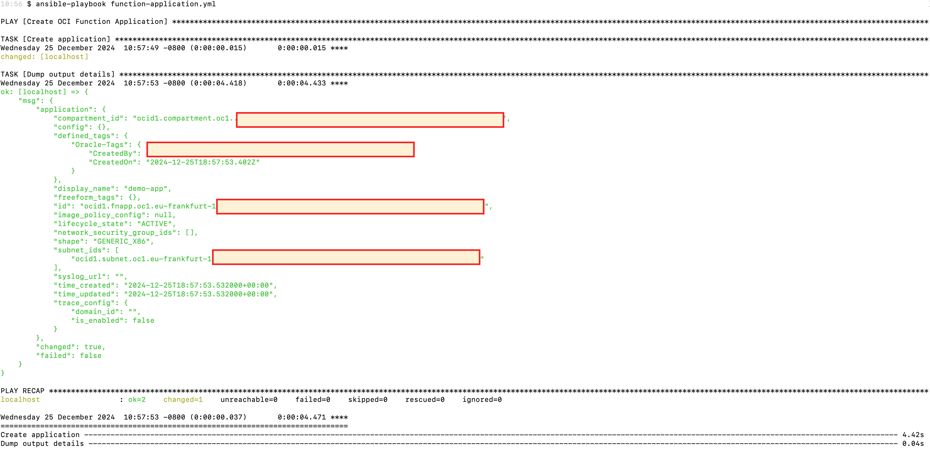 Output generated by the Ansible script