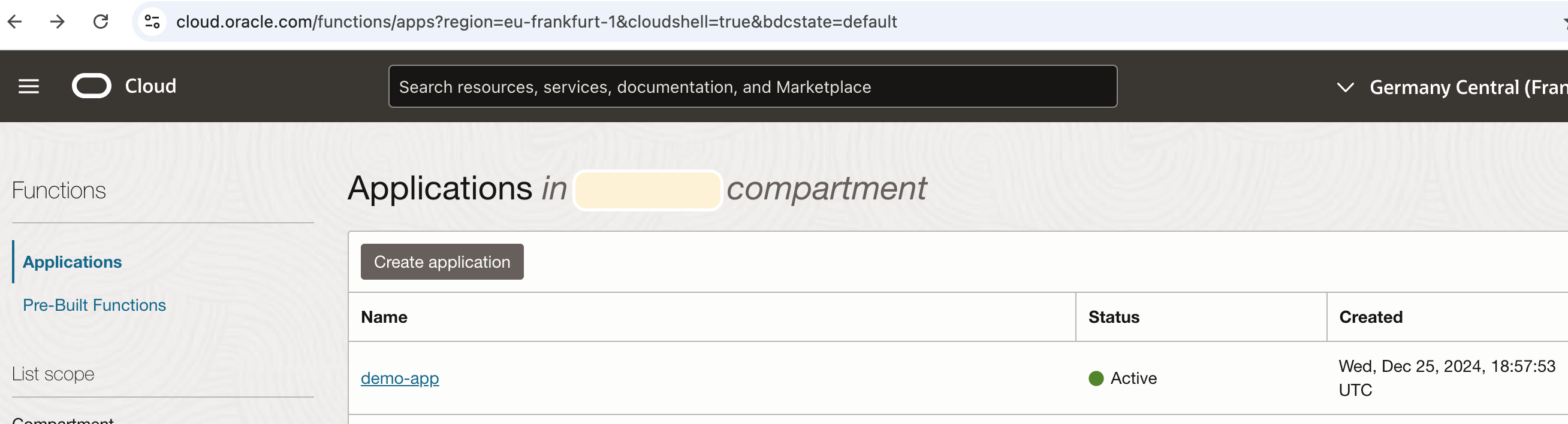 Application details as seen in the OCI console