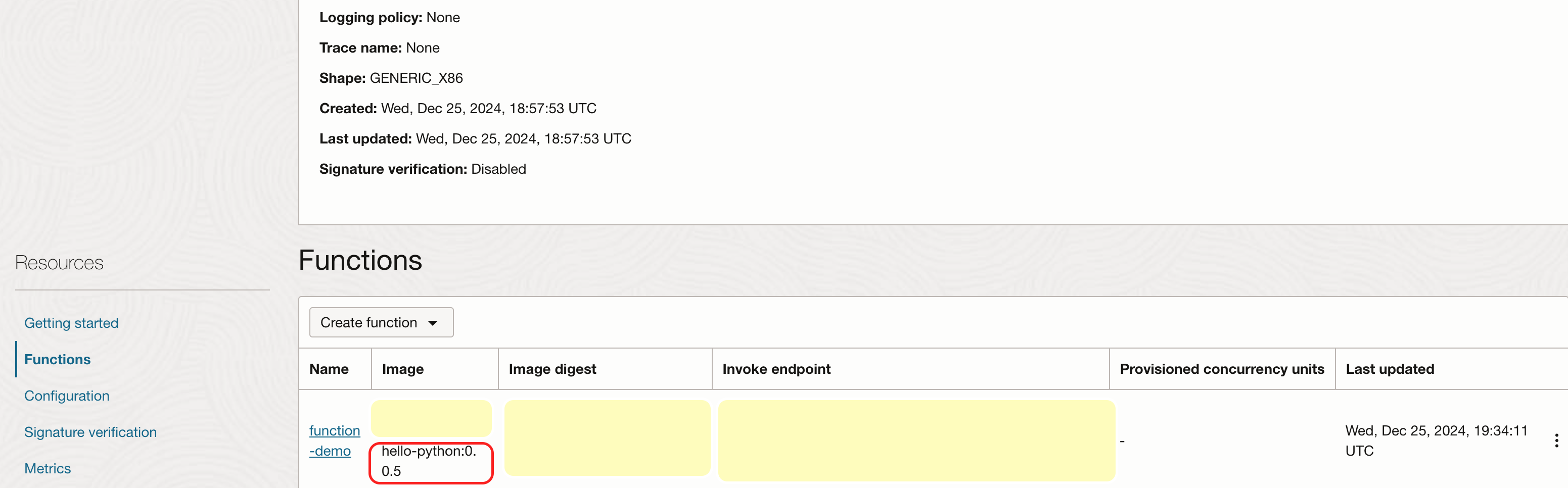 Function details in the OCI console