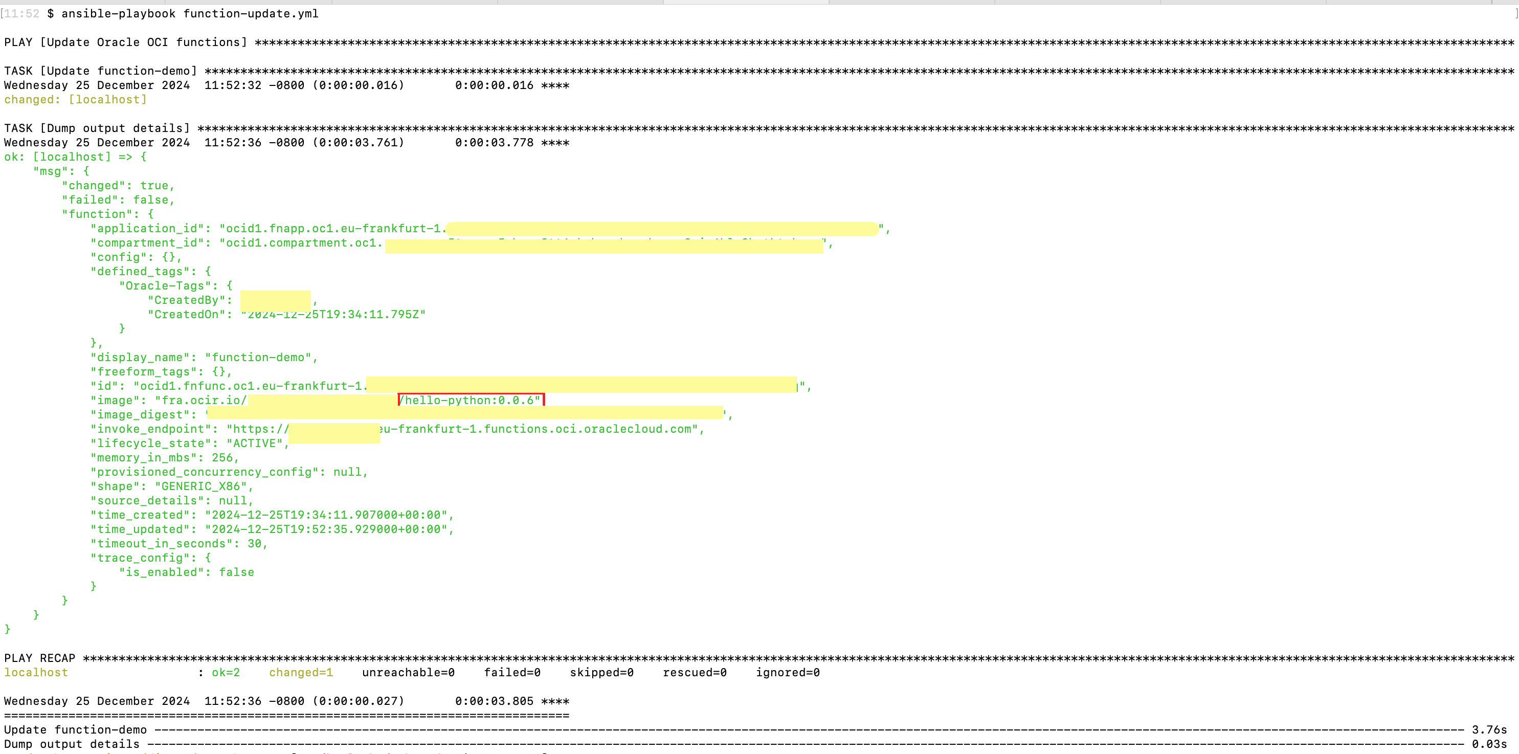 Output from running the Ansible script to update the function