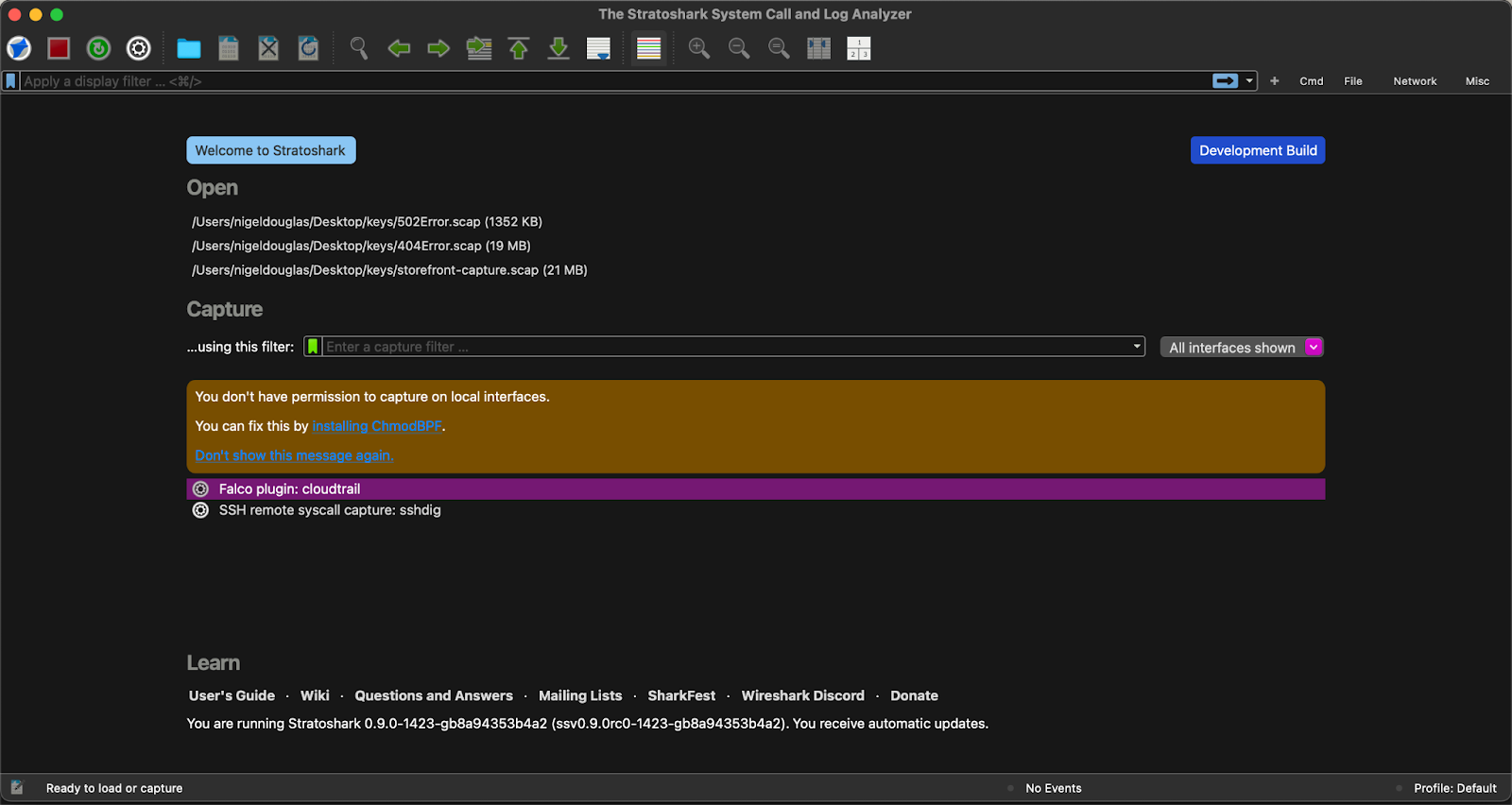 Stratoshark user interface (on Mac)
