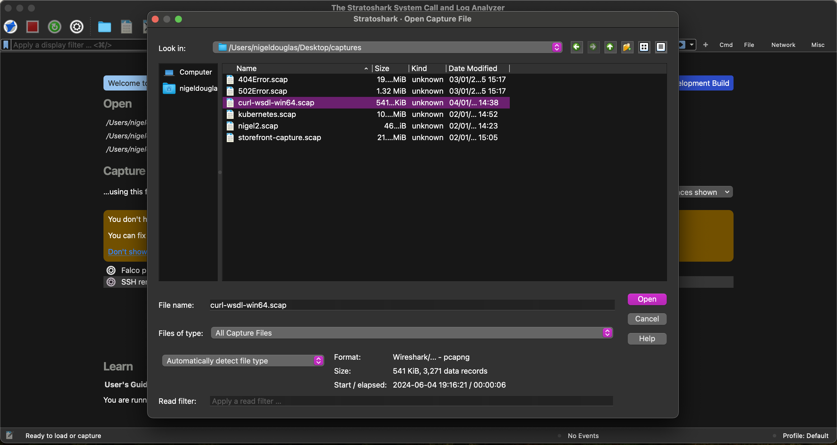 Stratoshark user interface (on Mac)