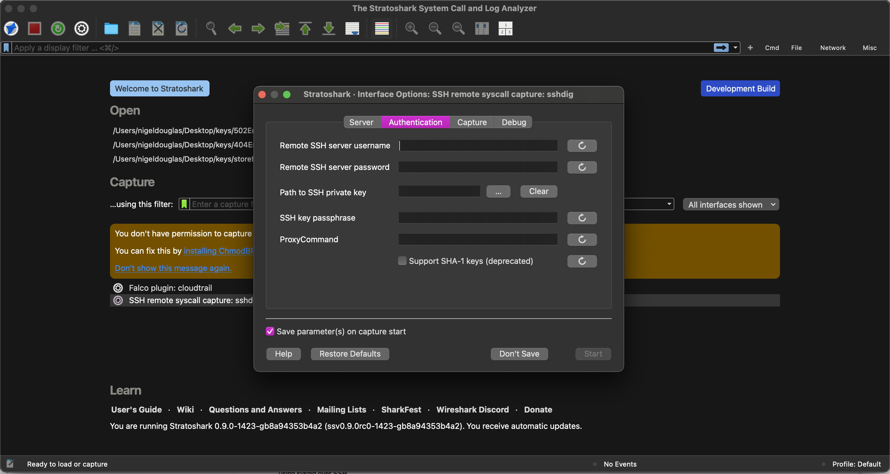 Stratoshark user interface (on Mac)