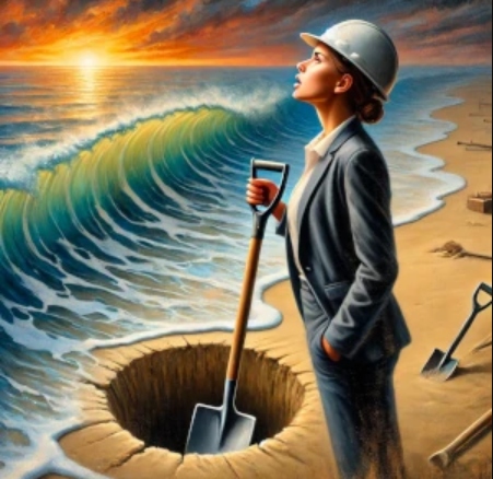 Woman in suit standing at beach shore line holding a shovel next to an open hole in the sand