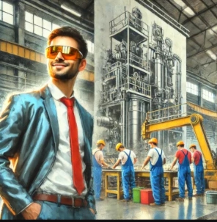 Man in suit standing next to factory workers