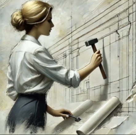 Woman holding a mallet towards the wall