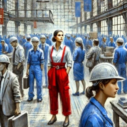 Woman in red jumpsuit standing on factory floor with factory employees in blue work uniforms